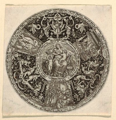 Suunnittelu kaiverretulle tazzalle, jossa on hyväntekeväisyyden allegoria tekijältä Theodor de Bry