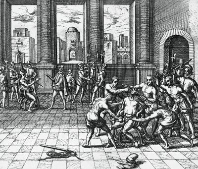 Inka-keisari Atahualpa Pizarron joukkojen vartioimana, 26. heinäkuuta tekijältä Theodor de Bry