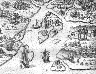 Jean Ribault pystyttää Ranskan kuninkaan vaakunaa kantavan pylvään Charlesfortissa. tekijältä Theodor de Bry