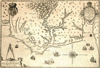 Theodore de Bryn kaivertama kartta vuodelta 1590 englantilaisen Roanoken kuvernöörin John Whiten akvarellin mukaan. Virginia ja rannikko, jossa on pieniä saaria ja Roanoke joen suulla. Secotan ja Weapemeoc kotimaat. tekijältä Theodor de Bry
