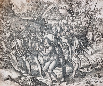 Alkuperäisiä laivoille viedään orjuuteen Sevillaan, kaiverrus Theodor de Bry (1528-1598), Antillit tekijältä Theodor de Bry