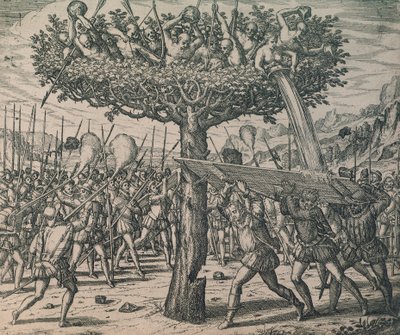 Alkuasukkaat piiloutuvat puihin taistelemassa valloittajia vastaan tekijältä Theodor de Bry