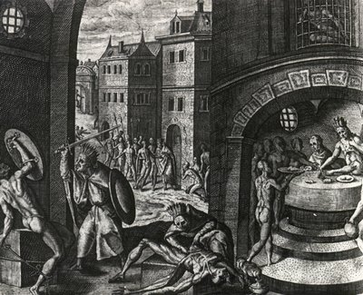 Pappi tappaa valetaistelun uhrin ja nahkaa sitten ruumiin, Meksiko, kaiverrus Peregrinationesista, kirjoittanut Theodor de Bry (1528-1598), Keski-Amerikka tekijältä Theodor de Bry