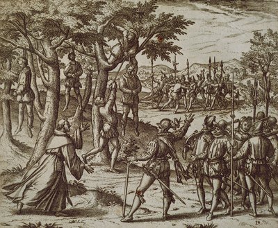 Theodore de Bry:n tuomio joidenkin Christopher Columbuksen miesten hirttämisestä Uudessa maailmassa tekijältä Theodor de Bry