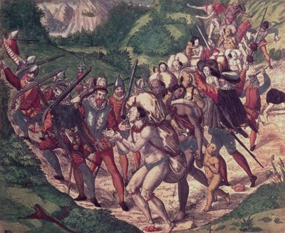 Petrus de Calycen julmuus: espanjalaisten sotilaiden pahoinpitelemät intiaaniorjat Perussa (kaiverrus). tekijältä Theodor de Bry