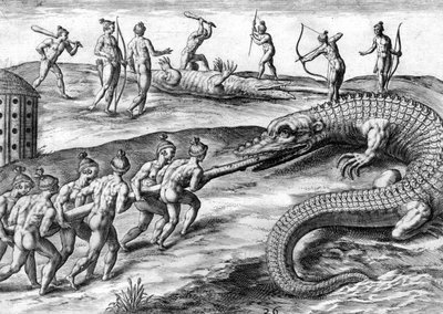 Timucuan intiaanit metsästävät alligaattoria tekijältä Theodor de Bry