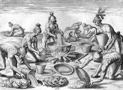 Timucuan intiaanit valmistelevat juhlaa tekijältä Theodor de Bry