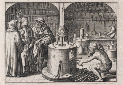 Kolme tutkijaa keskustelevat alkemiapajassa uunin ja instrumenttien kanssa – Theodore de Bryn (1528-1598) kaiverrus Michael Maierin (1569-1622) alkemian tutkielmaan "Tripus avreus, hoc est, Tres tractatus chymici selectissimi" tekijältä Theodor de Bry