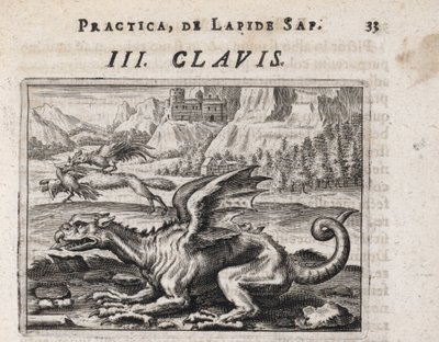 Taustalla lohikäärme, kanavarastava susi, kukon kimppuun - Kaiverrus Theodore de Bry (1528-1598) Michael Maierin alkemian tutkielmaan "Tripus avreus, hoc est, Tres tractatus chymici selectissimi" (1569-1622) tekijältä Theodor de Bry