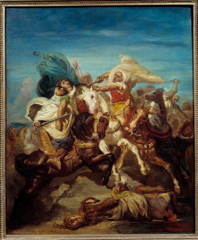 Theodore Chasseriau (1819-1856) maalaus arabien ratsumiesten taistelusta 1856 su. 0,65x0,54 m tekijältä Théodore Chassériau