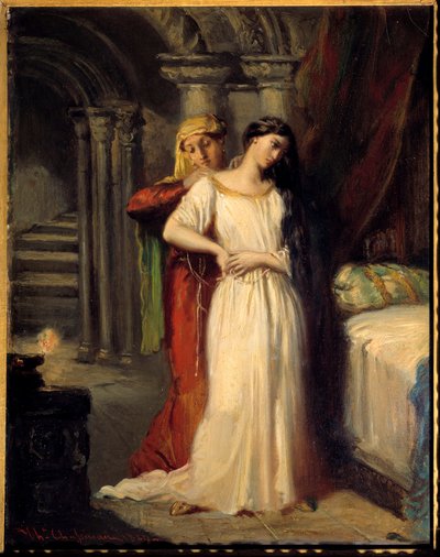 Desdemonen nukkumaanmenoaika Kuvitus William Shakespearen (1564-1616) kappaleen ”” Othello” IV näytökselle. 1849 Su. 0,42x0,32 m tekijältä Théodore Chassériau