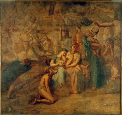 Rauha Allegorinen esitys äidin ja lapsen ja laumojen kanssa. Theodore Chasseriaun (1819-1856) maalaus Cour des comptes -portaista 1800-luvun su. 3,4x3,6 m tekijältä Théodore Chassériau