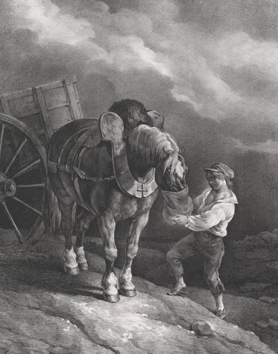 Poika ruokkimassa kärryhevosta nenäpussista, 1822. tekijältä Theodore Gericault