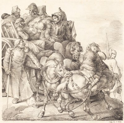 Kärry täynnä haavoittuneita sotilaita (Chariot charge de soldats siunaa) tekijältä Theodore Gericault