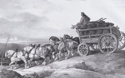 Hiilivaunu [sic.] Hevosten piirtämä, 1822. tekijältä Theodore Gericault