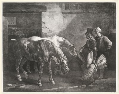 Kaksi postiahevosta tallin ovella (Two Post-Horses at a Stable Door) tekijältä Theodore Gericault