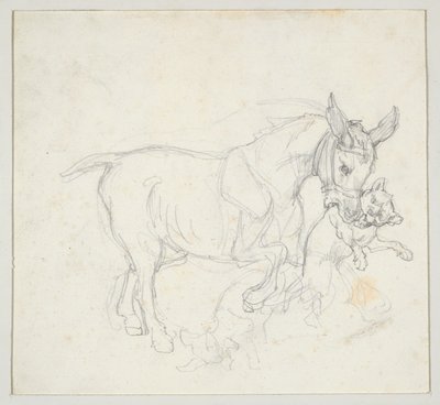 Aasi, joka pitää koiraa suussaan (etupuoli); luonnos koirien jahtaamasta hirvestä, naarashirven pää (takapuoli) tekijältä Theodore Gericault