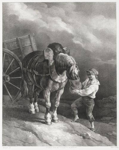 Poika, joka syöttää kauraa kiinnitetylle hevoselle (A Boy Giving Oats to a Hitched Horse) tekijältä Theodore Gericault