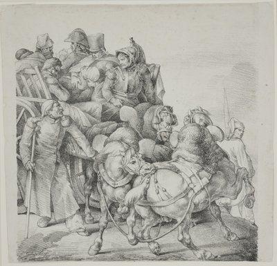 Hevoskärry täynnä haavoittuneita sotilaita, litografia C. Motte tekijältä Theodore Gericault