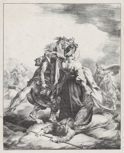 Keisarillisen kaartin mamelukki puolustaa haavoittunutta trumpetistia kasakkaa vastaan (Egyptiläinen mamelukki puolustaa haavoittunutta ranskalaista trumpetistia Waterloossa) tekijältä Theodore Gericault