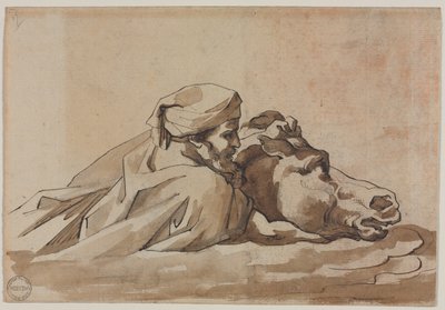 Mies puristaa hevosta vedessä Poussinin "Delugen" jälkeen (recto) tekijältä Theodore Gericault