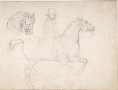Mies hevosen selässä ja hevosen pään luonnos tekijältä Theodore Gericault
