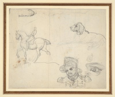 Luonnoslehti (ratsastaja, koira, sotilaan pää) tekijältä Theodore Gericault