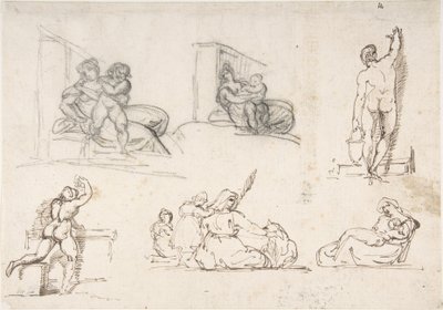 Kuusi piirustusta, joista neljä teokseen ”Köyhä italialainen perhe” tekijältä Theodore Gericault