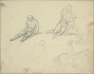 Luonnokset: makuuasennossa alaston, mies tukee vartaloa tekijältä Theodore Gericault