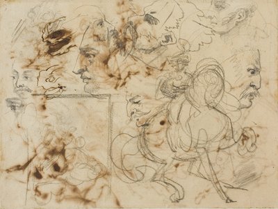 Luonnoksia miesten kasvoista, hevosten kuonoista ja ratsusotilaista. tekijältä Theodore Gericault