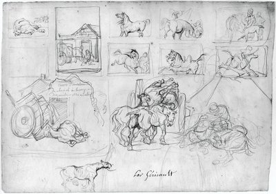 Hevosia esittävä kuva (etupuoli); Vaunu, jota seuraa kyltin kantaja (takapuoli) tekijältä Theodore Gericault