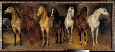 Rinnat Seitsemän hevosta edestä. Theodore Gericaultin (1791-1824) maalaus 1800-luvun aurinko. 0,39x0,94 m Yksityinen kokoelma - Seitsemän hevosarkkua (edestä katsottuna). Theodore Gericaultin (1791-1824) maalaus tekijältä Theodore Gericault