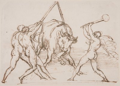 Kolme miestä kiusaavat härkää tekijältä Theodore Gericault