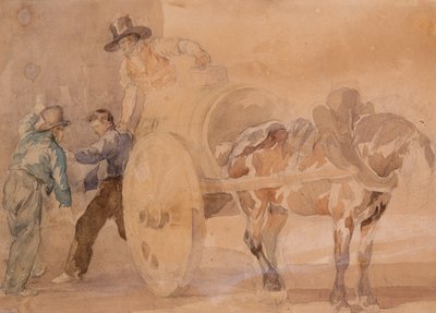 Kolme miestä purkamassa kärryä (akvarelli lyijykynän päällä paperilla) tekijältä Theodore Gericault