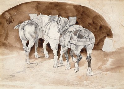 Kolme raskasta hevosta valjaissa (lyijykynä ja seepiapesu) tekijältä Theodore Gericault