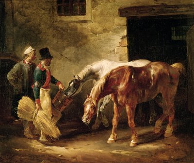 Kaksi postihevosta tallin ovella tekijältä Theodore Gericault