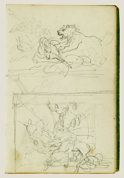 Kaksi sävellystutkimusta leijonanmetsästyksestä tekijältä Theodore Gericault