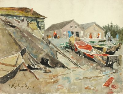 Peittojen kuivaus kanoottien päällä, n. 1890-1914. tekijältä Theodore J. Richardson