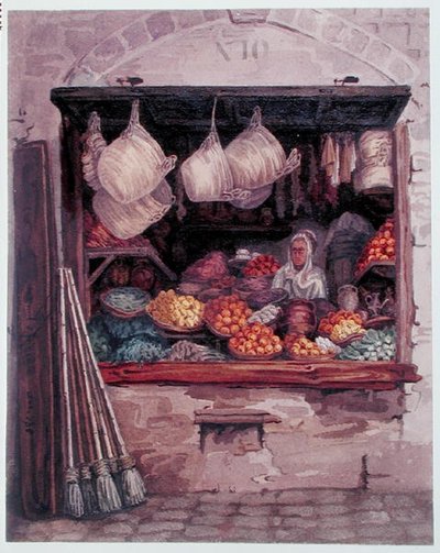 Hedelmiä ja vihanneksia myyvä nainen, Alger, n. 1835 (akvarelli paperille) tekijältä Theodore Leblanc