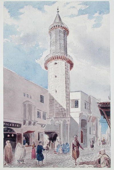 Moskeijaminareetti Rue de Chartresilla ja Rue Bab-Azounilla, Alger (akvarelli paperille) tekijältä Theodore Leblanc
