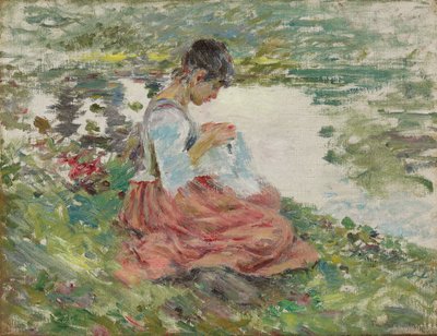 Girl Sewing by River, n. 1891 tekijältä Theodore Robinson