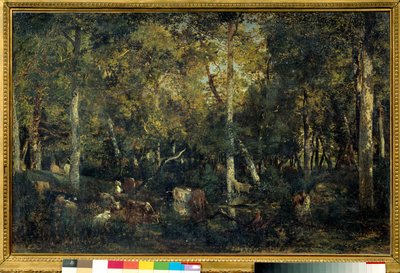 Puusisustus nimeltä Bas-Breaun vanha asuntola (Fontainebleaun metsä) Theodore Rousseaun maalaus (1812-1887) 1836 Su. 0,65x1,03 m Pariisi, Orsay-museo tekijältä Pierre Etienne Theodore Rousseau