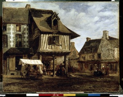 Markkinapaikka Normandiassa (puurakenteiset talot) (Markkipaikka Normandiassa). Theodore Rousseaun (1812-1867) maalaus. Öljy puulle, 29,5 x 38 cm, noin 1830. Ranskalaista taidetta Barbizonista. Eremitaaši, Pietari. tekijältä Theodore Rousseau