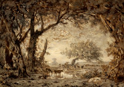 Auringonlasku Fontainebleaun metsästä tekijältä Theodore Rousseau