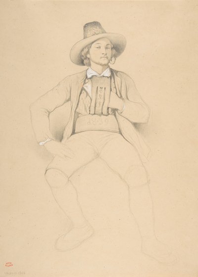 Mies tirolilaisasussa, istuu, polttaa piippua, 1842. tekijältä Theodore Valerio