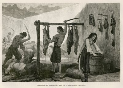 Castradinan, suolatun ja bucaneen lampaan- ja vuohenlihan erikoisuus, valmistus lokakuun lopulla Dalmatiassa (Istria ja Hertsegovine (Kroatia)), piirros Valerio havainnollistamaan matkaa Montenegroon, vuonna 1874, Charles Charles Yriarte tekijältä Theodore Valerio