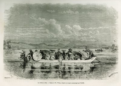 Vene Hue-joella (Vietnam), piirros Th. Weber, havainnollistaakseen tarinaa kahdeksan päivän suurlähetystöstä Huessa (Annamin kuningaskunta), vuonna 1875, herra Brossard de Corbignyn, luutnantti (N), lähetystön liitteenä. Kaiverrus kirjassa Le tour du monde tekijältä Theodore Weber