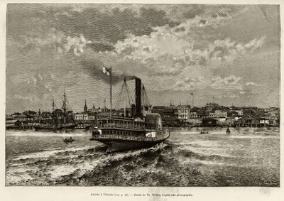 Saapuminen Victoriaan, Kanadaan. Th.Weberin kaiverrus havainnollistamaan E.Cotteaun tarinaa ""Transcanadien ja Alaska"", vuonna 1890, Le tour du monde, nouveau journal des voyages, toimittanut Edouard Charton (1807-1890), 2. lukukausi 1891 , painos Hachet tekijältä Theodore Weber