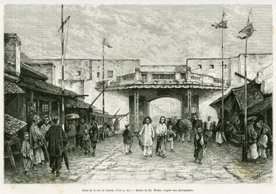 Canton Street Gate Hanoissa. Kaiverrus Th. Weber valokuvasta havainnollistamaan tarinaa Trente mois au Tonkin vuonna 1884, tohtori Hocquard, tour du monde 1889, Edouard Chartonin (1807-1890) johdolla, Hachette, Pariisi. tekijältä Theodore Weber