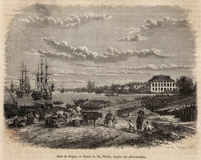 La rade de Saigon, kaiverrus T. Weberin piirustuksen mukaan, joka havainnollistaa matkaa Cochinchineen, tohtori Morice, vuonna 1872, julkaistu "" Le tour du monde""" 1875, toimittanut Edouard Charton, Hachette painos, Pariisi. Selva Collection. tekijältä Theodore Weber